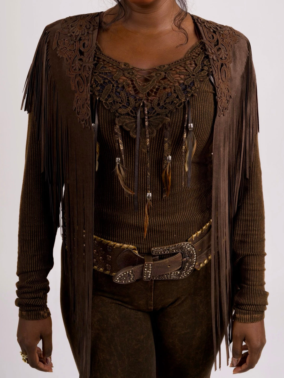 Handcrafted Chocolate Suede Shoulder Fringe Collar by Pat Dahnke