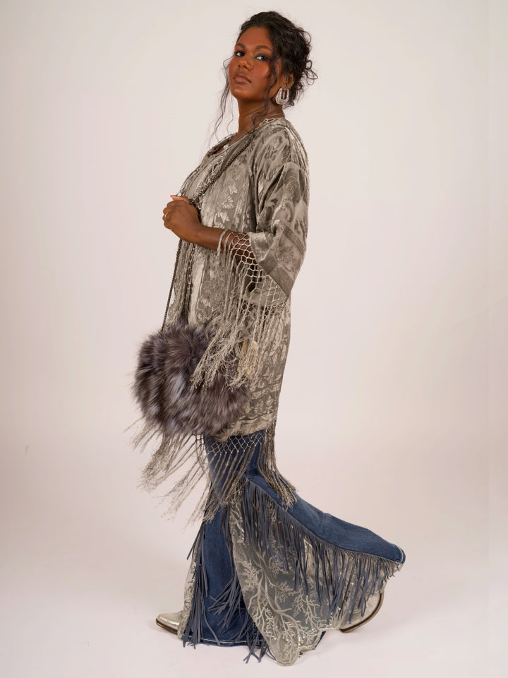 Pat Dahnke Silver Burnout Velvet Fingertip Fringe Duster
