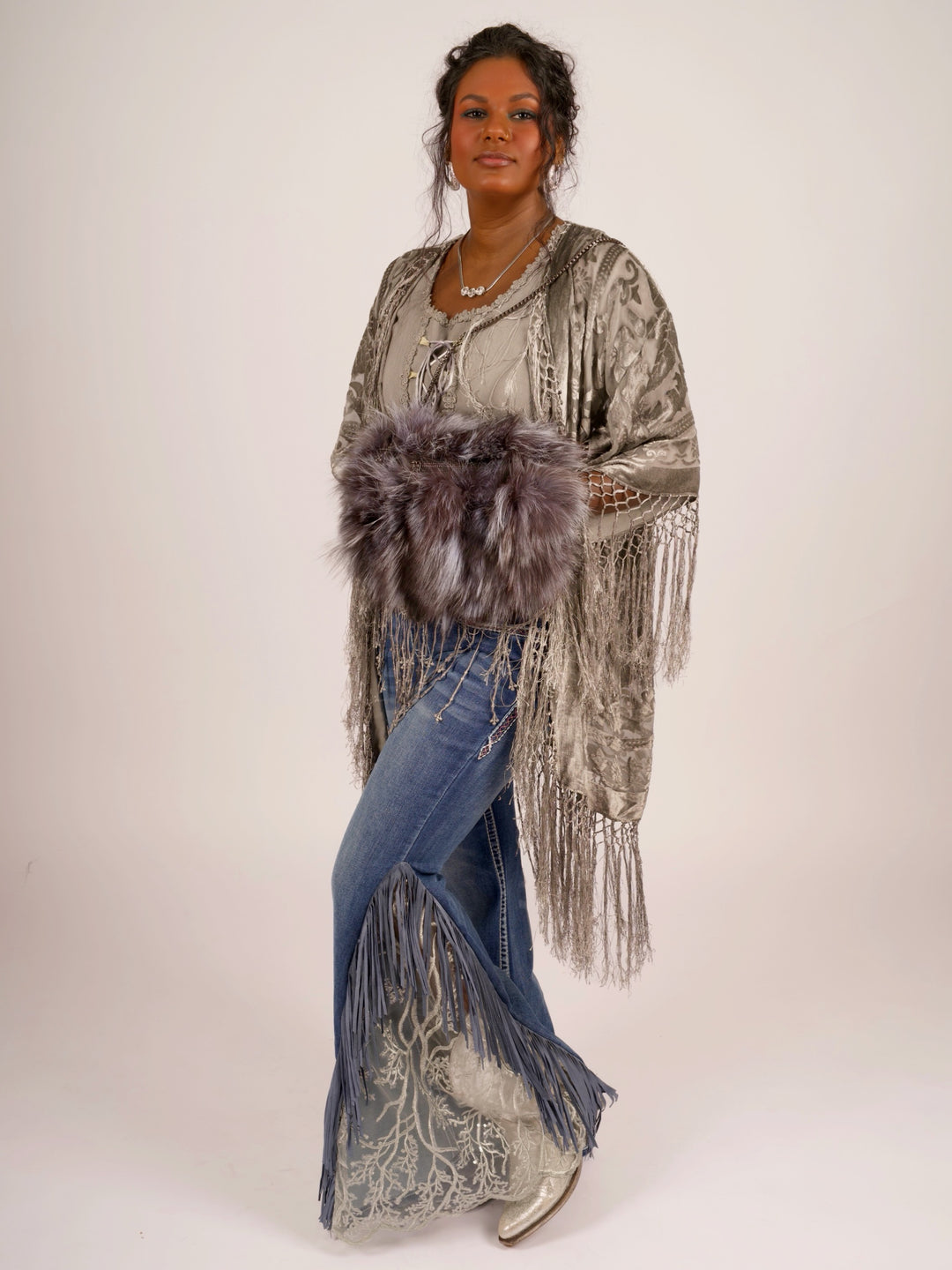 Pat Dahnke Silver Burnout Velvet Fingertip Fringe Duster