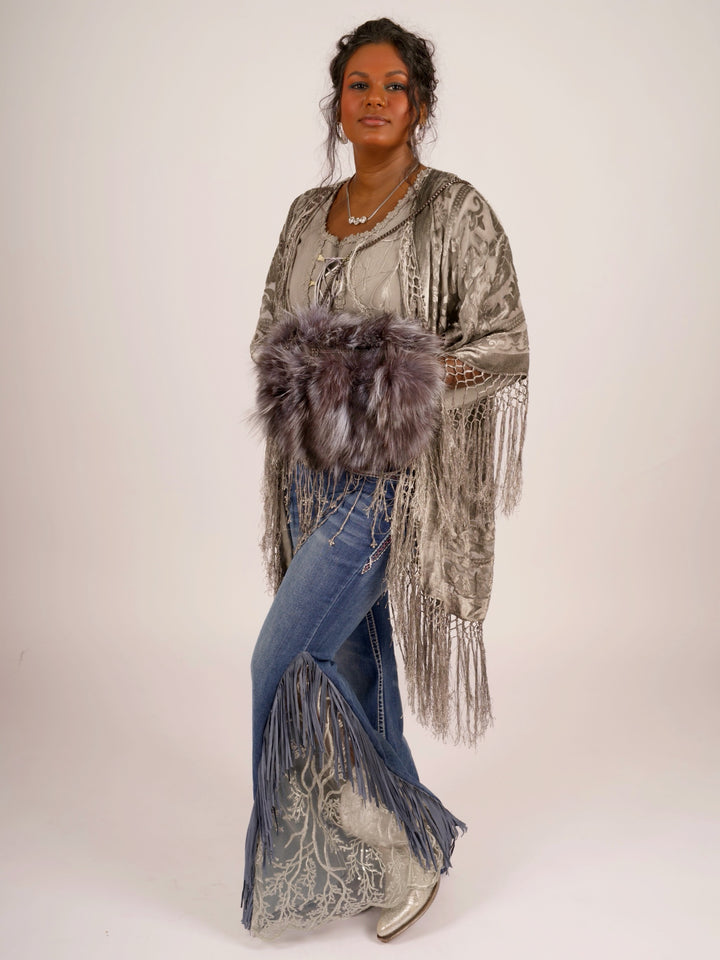 Pat Dahnke Silver Burnout Velvet Fingertip Fringe Duster