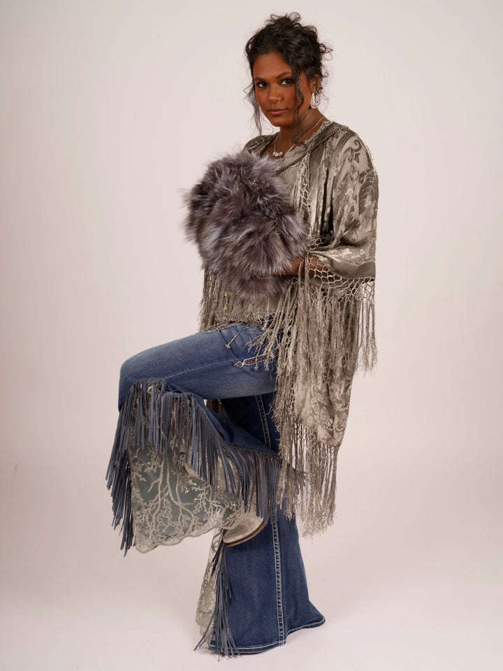Pat Dahnke Silver Burnout Velvet Fingertip Fringe Duster