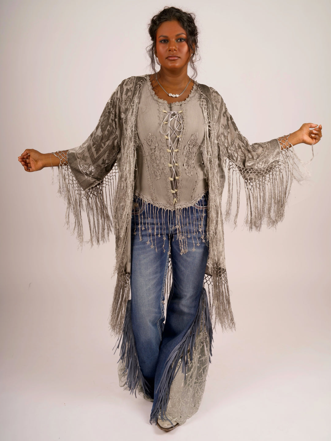 Pat Dahnke Silver Burnout Velvet Fingertip Fringe Duster