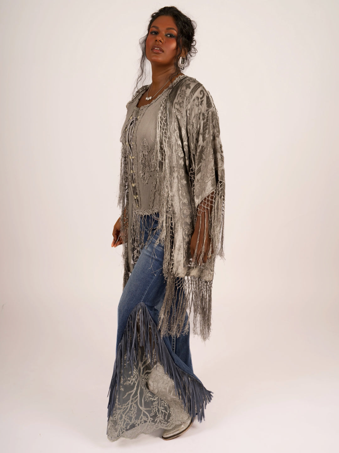 Pat Dahnke Silver Burnout Velvet Fingertip Fringe Duster