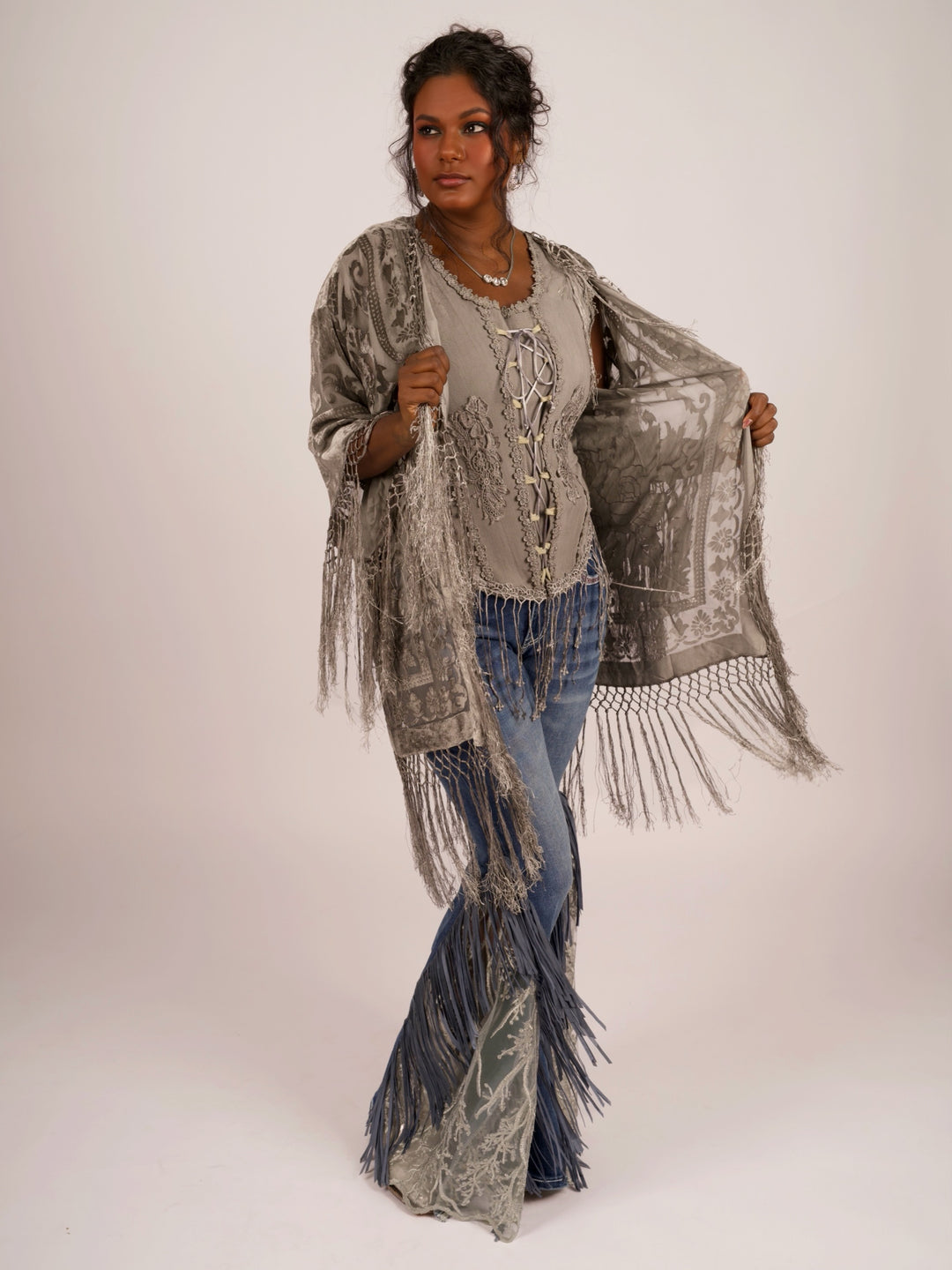 Pat Dahnke Silver Burnout Velvet Fingertip Fringe Duster