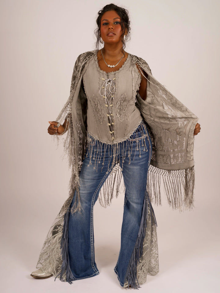 Pat Dahnke Silver Burnout Velvet Fingertip Fringe Duster