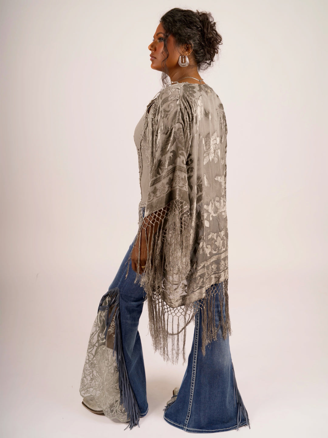 Pat Dahnke Silver Burnout Velvet Fingertip Fringe Duster