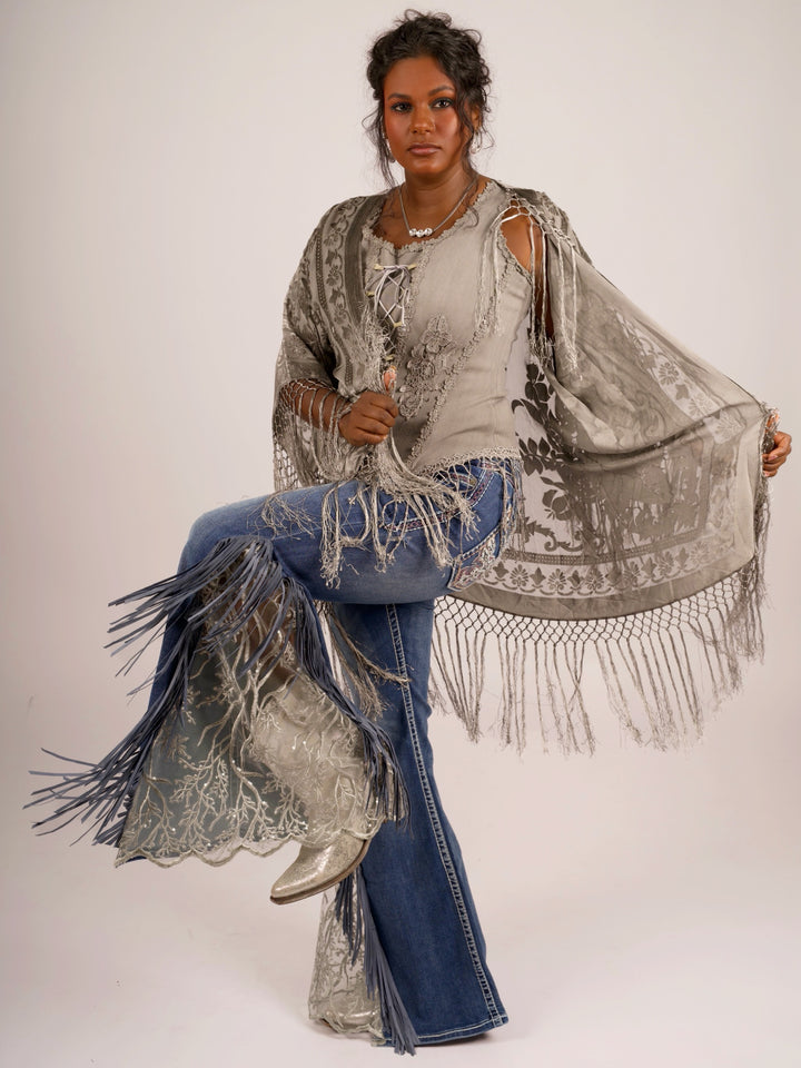 Pat Dahnke Silver Burnout Velvet Fingertip Fringe Duster