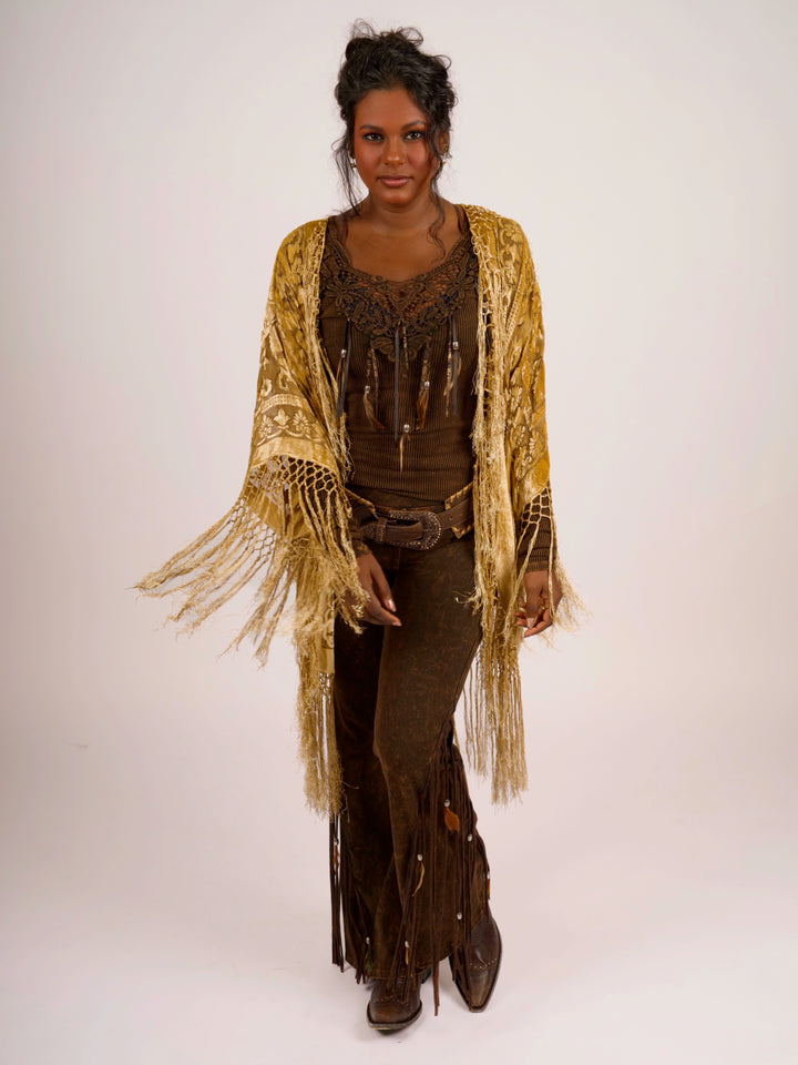 Pat Dahnke Antique Gold Burnout Velvet Fingertip Duster