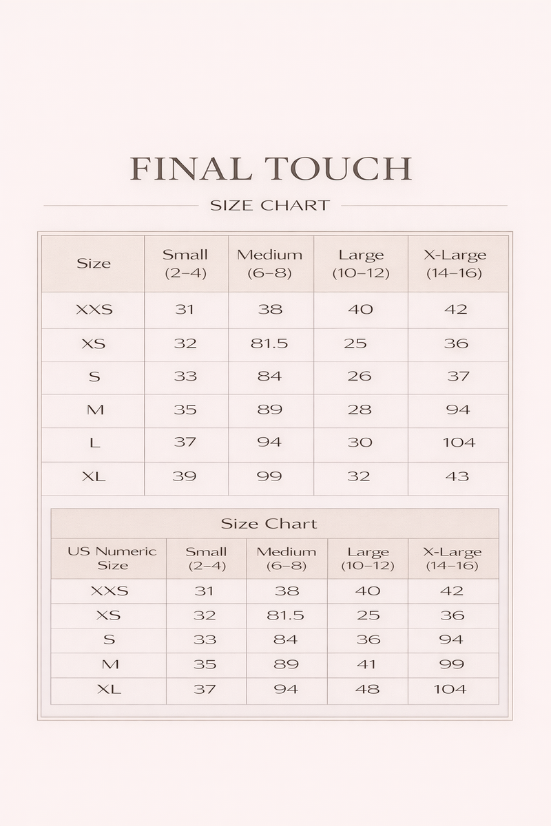 Final Touch size chart