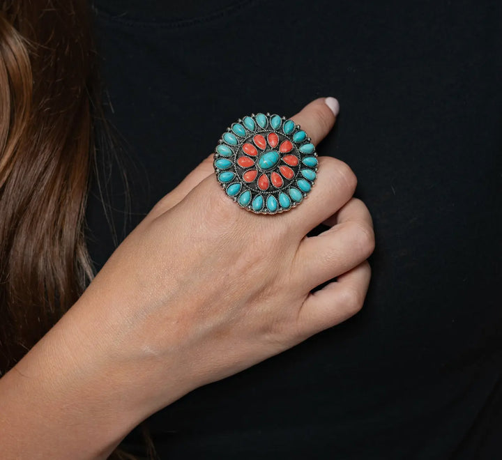 Large Coral & Turquoise Ring