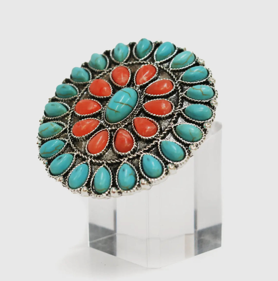 Large Coral & Turquoise Ring