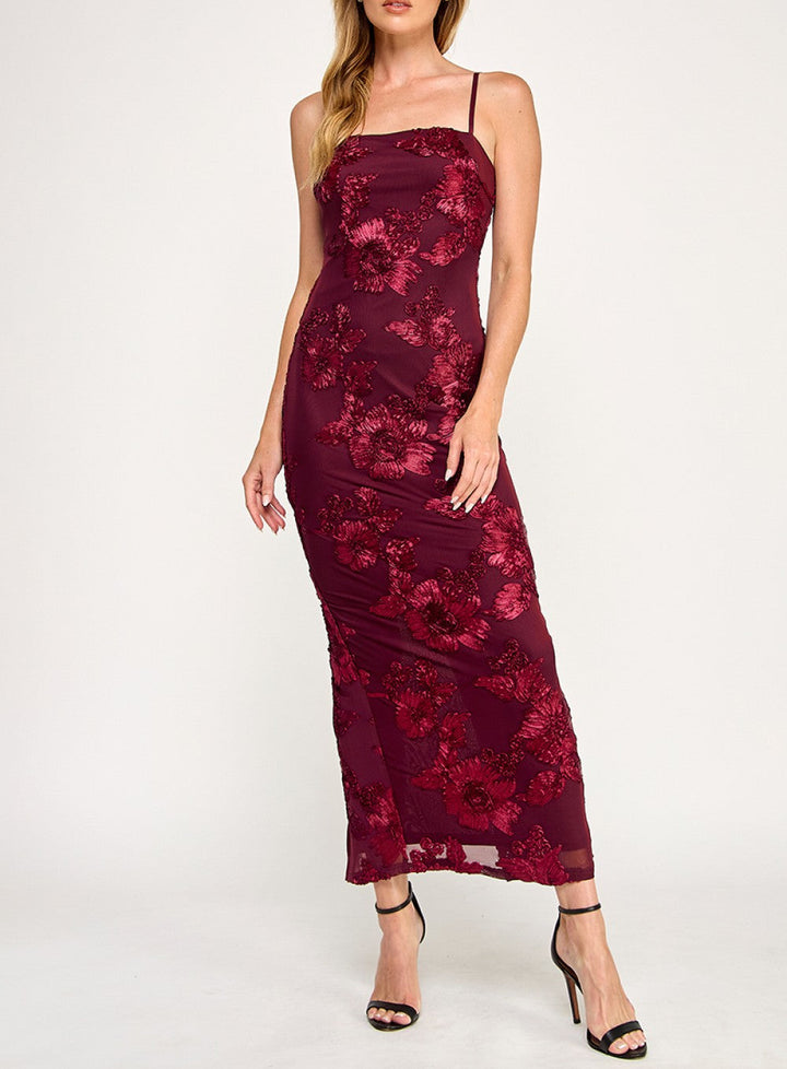 Fresh Cut Floral Embroidered Mesh Maxi Dress