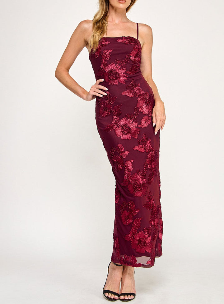 Fresh Cut Floral Embroidered Mesh Maxi Dress