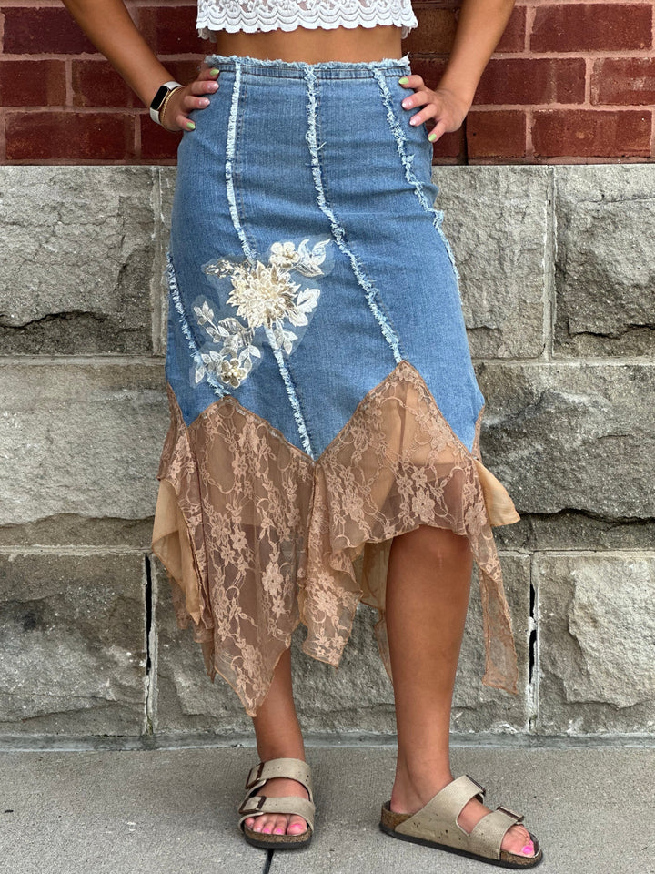 Savanna Lace Denim Midi Skirt