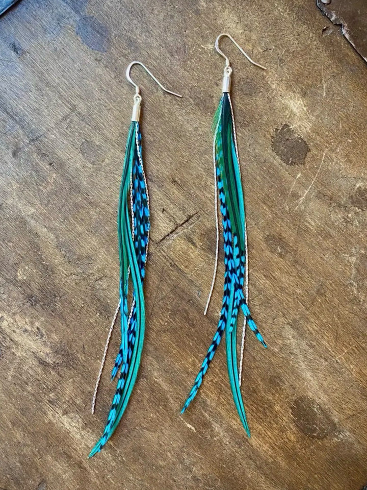 Mini Feather Green & Turquoise Dangle Earrings