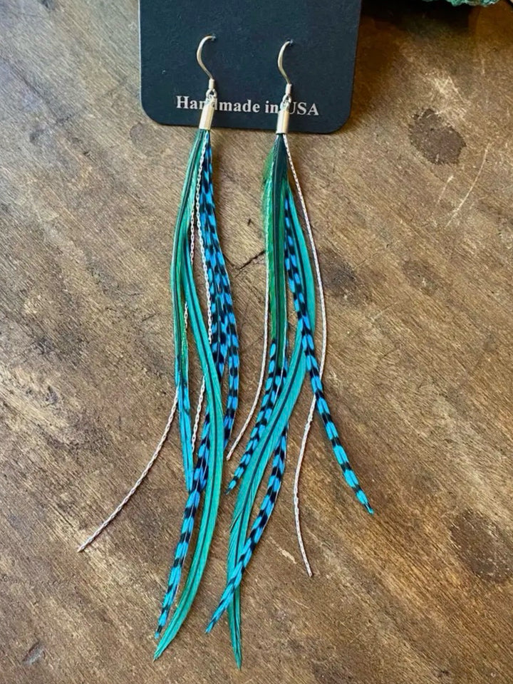 Mini Feather Green & Turquoise Dangle Earrings