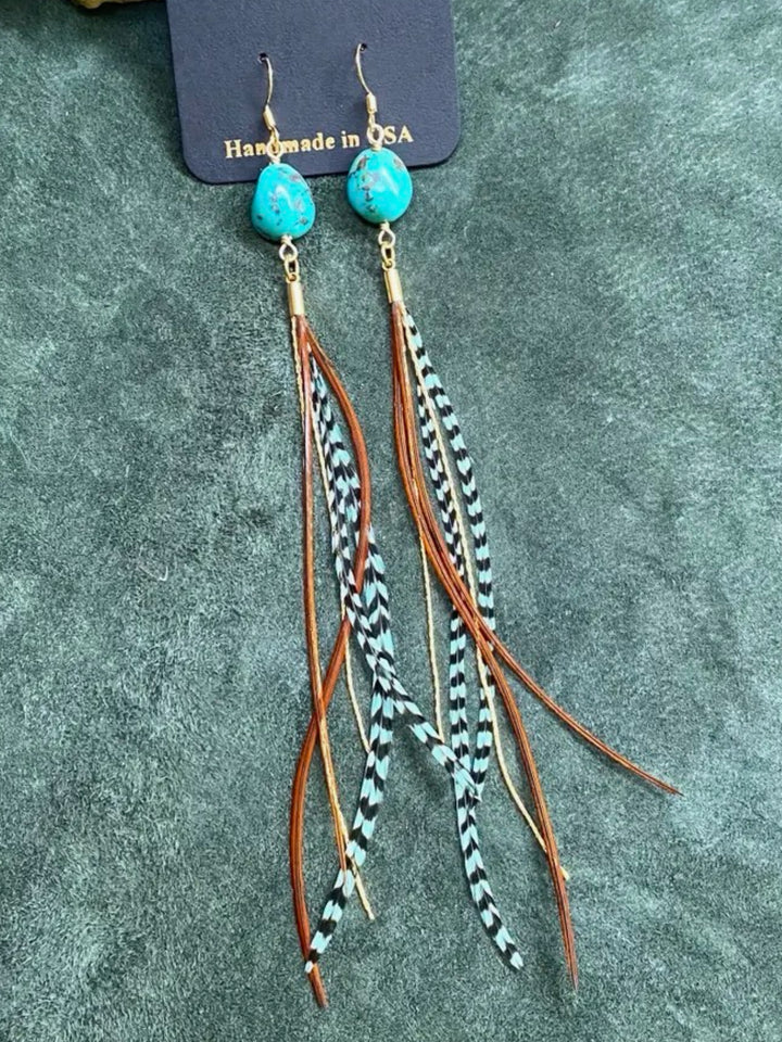 Handcrafted Turquoise & Mini Feather Statement Dangle Earrings