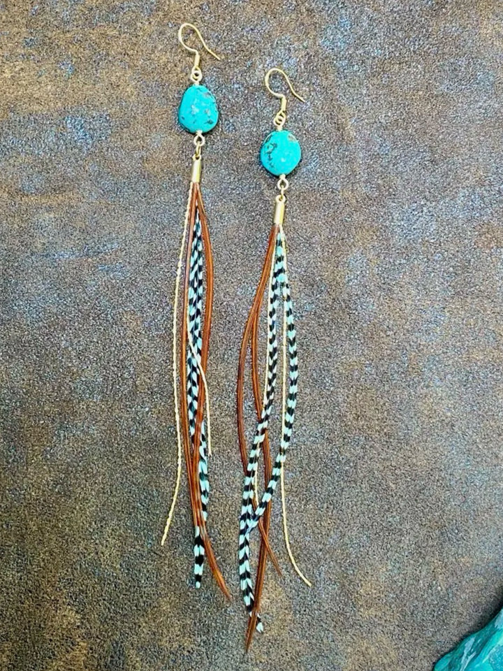 Handcrafted Turquoise & Mini Feather Statement Dangle Earrings