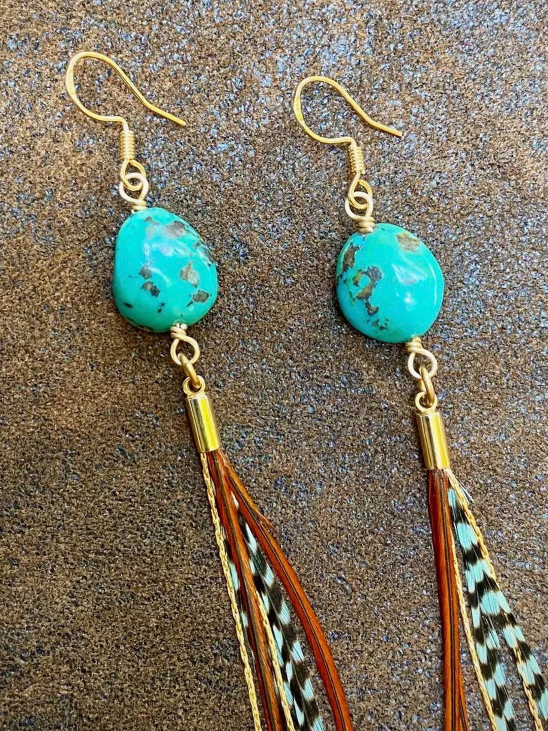 Handcrafted Turquoise & Mini Feather Statement Dangle Earrings