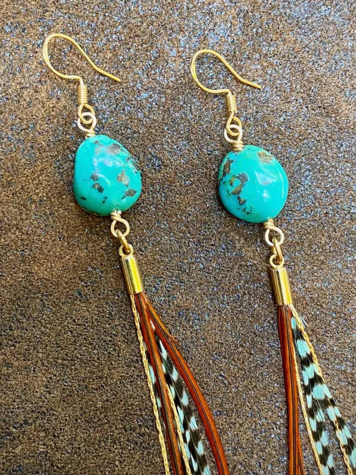 Handcrafted Turquoise & Mini Feather Statement Dangle Earrings