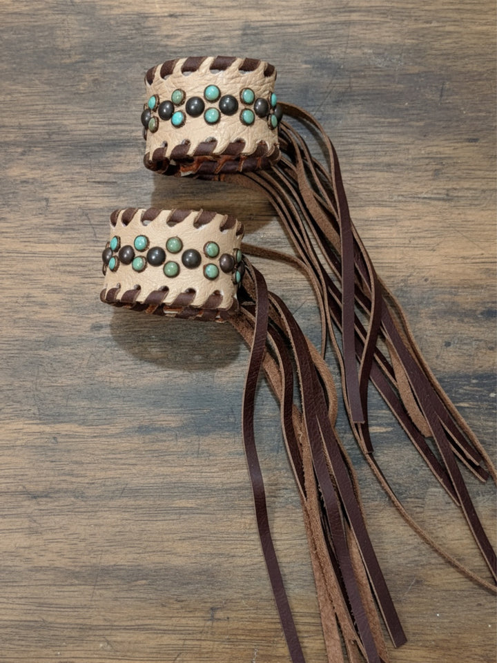 Single Turquoise Pearl Leather Fringe Cuff Bracelet