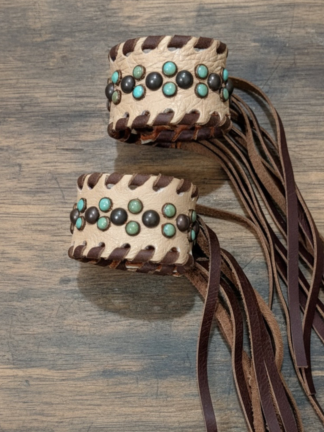 Single Turquoise Pearl Leather Fringe Cuff Bracelet