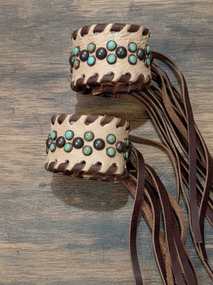 Single Turquoise Pearl Leather Fringe Cuff Bracelet