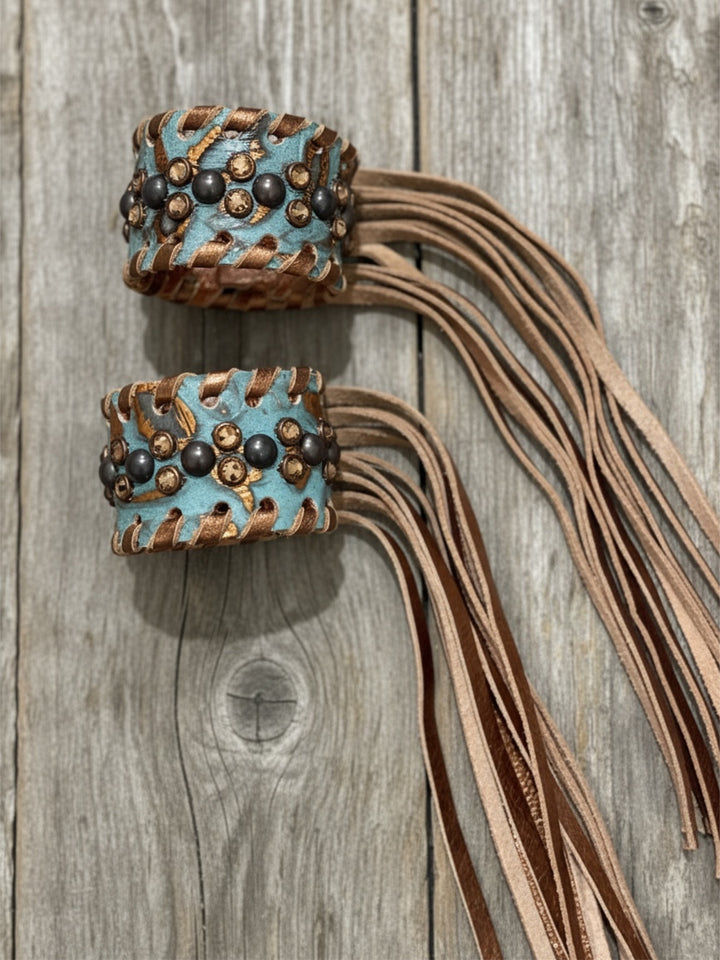 Single Turquoise Damask Leather Fringe Cuff Bracelet