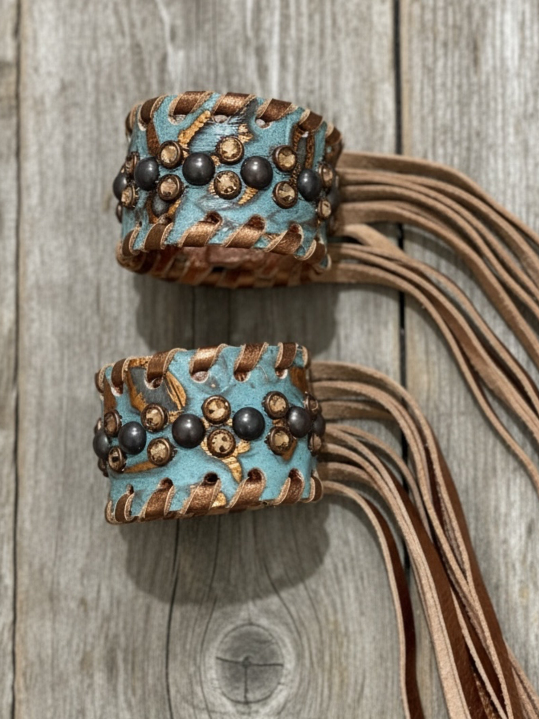 Single Turquoise Damask Leather Fringe Cuff Bracelet