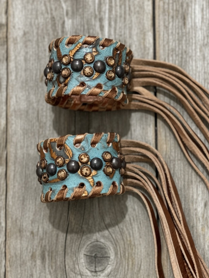 Single Turquoise Damask Leather Fringe Cuff Bracelet