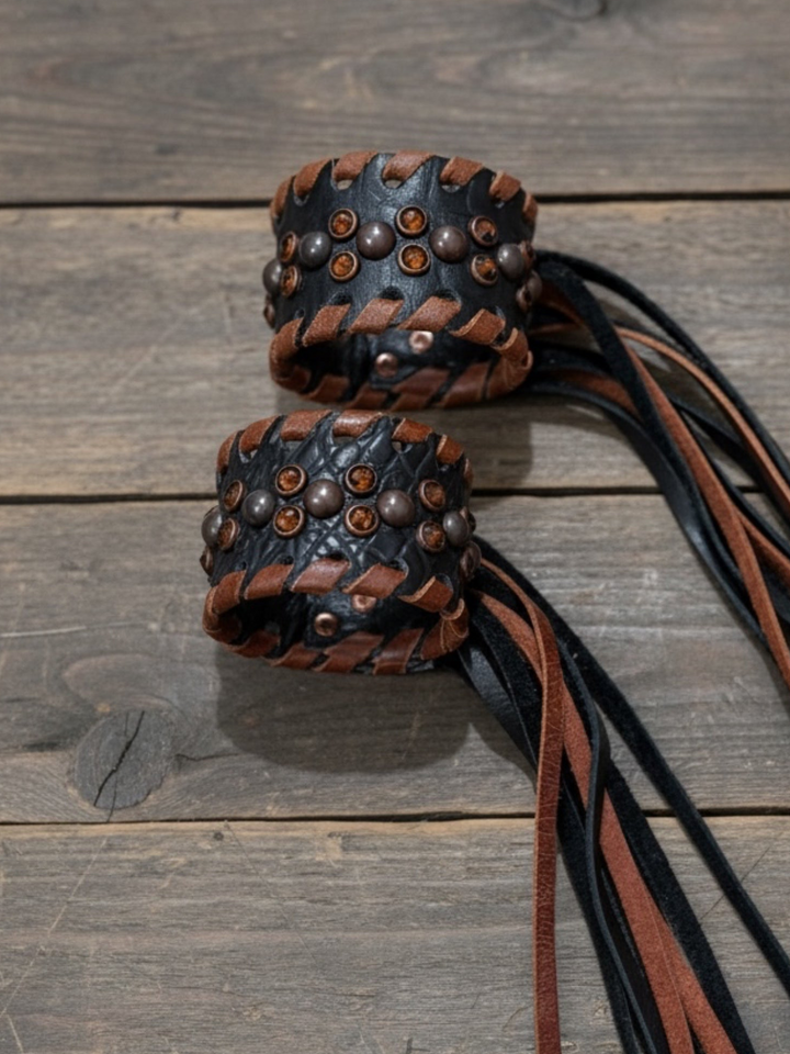 Single Smoke Topaz Crystal Leather Fringe Cuff Bracelet