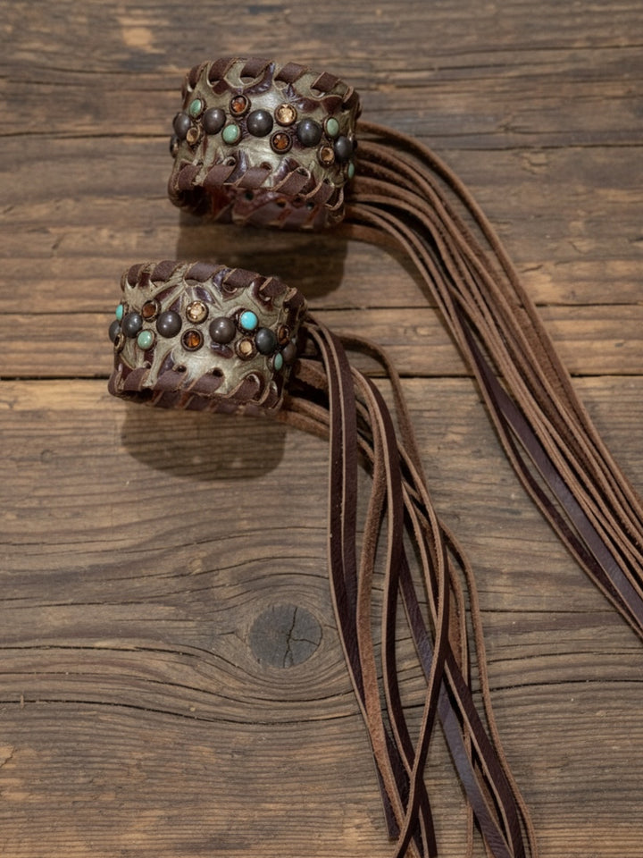 Single Taupe Damask Leather Fringe Cuff Bracelet