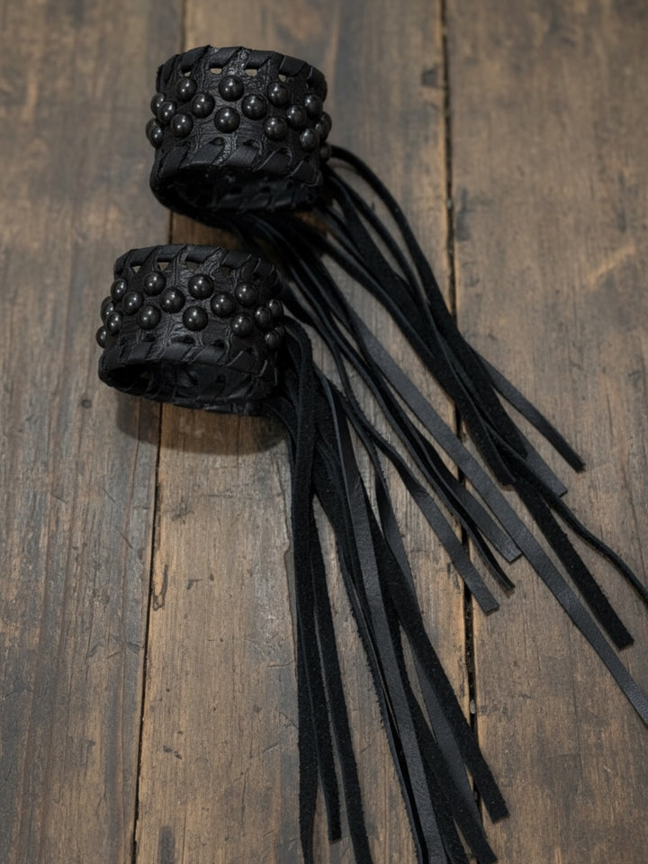 Single Black Stud Leather Fringe Cuff Bracelet