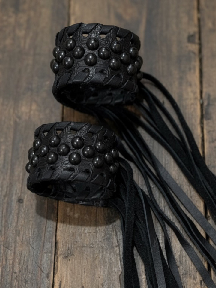 Single Black Stud Leather Fringe Cuff Bracelet