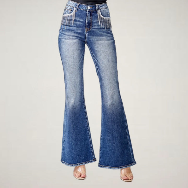 Risen High Rise Rhinestone Flare Jeans - Salt and Grace Boutique