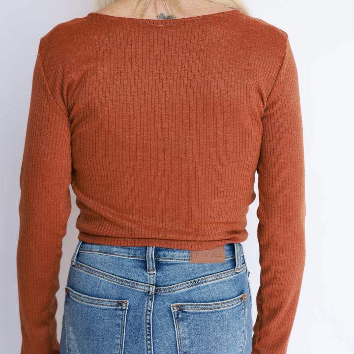 Ribbed Ruched Front Tie Long Sleeve Top