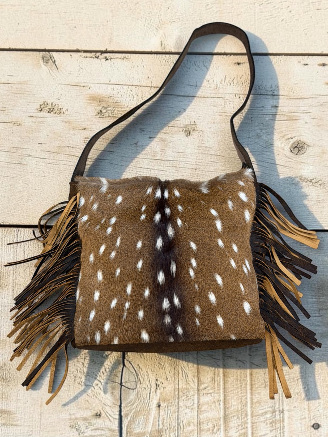 Axis Fur Hide & Leather Shoulder Bag with Fringe