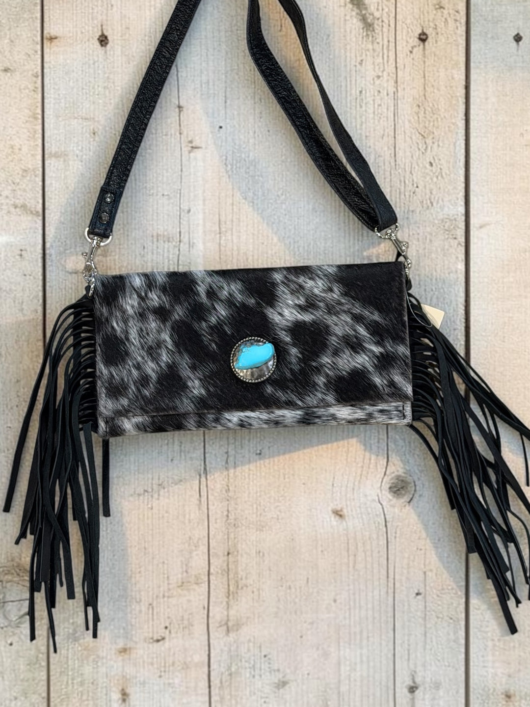 Cowhide and Turquoise Stone & Concho  Crossbody / Clutch With Fringe