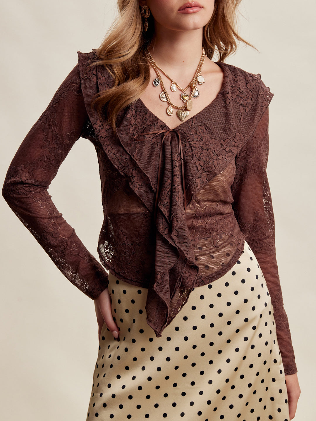 Elara Mocha Floral Lace Ruffle Top
