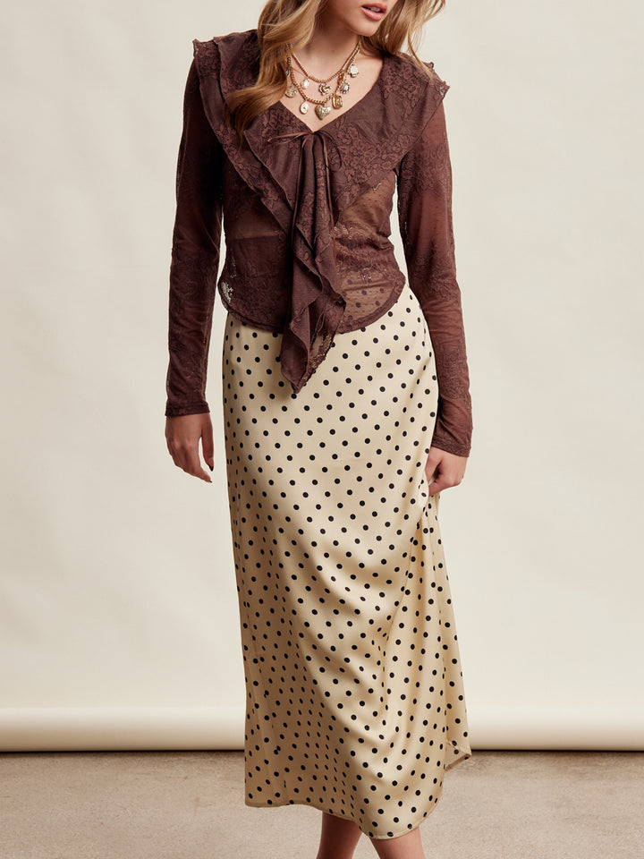 Elara Mocha Floral Lace Ruffle Top
