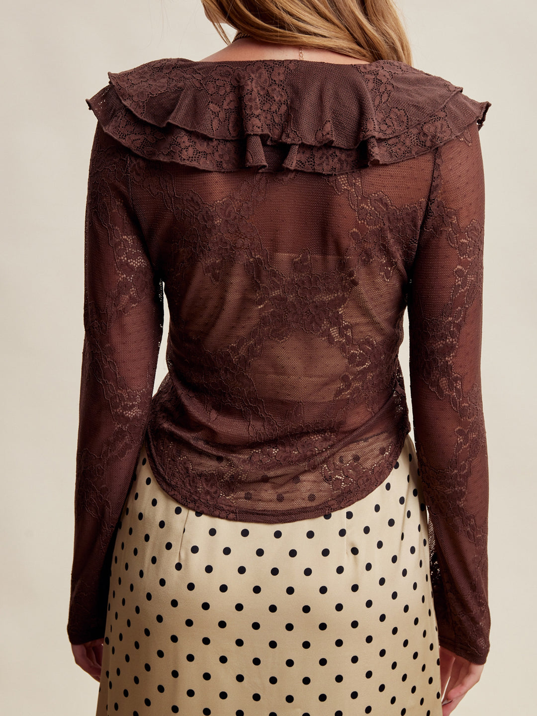 Elara Mocha Floral Lace Ruffle Top