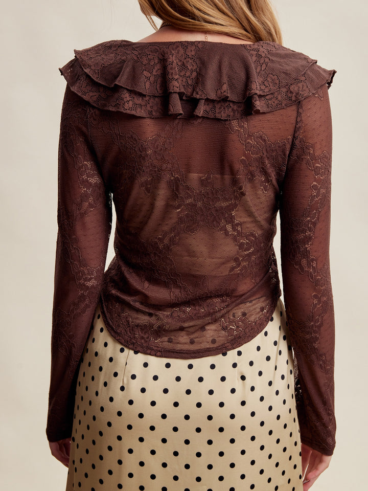 Elara Mocha Floral Lace Ruffle Top