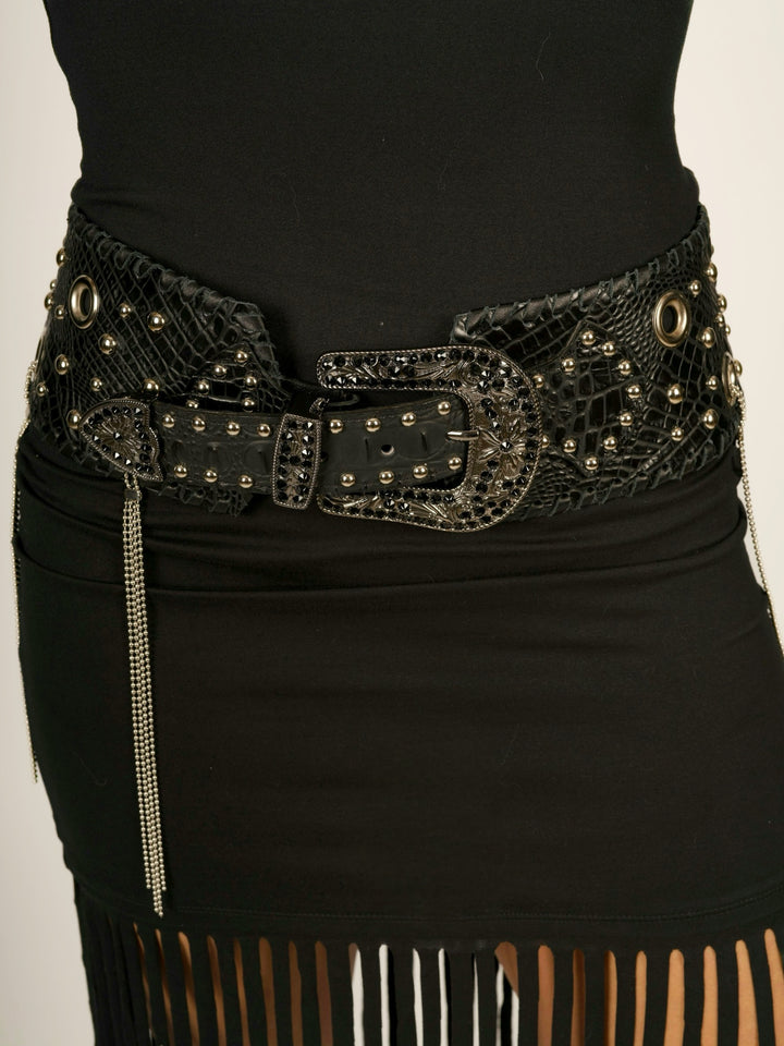 Kurtmen Black Leather Wide Contour Belt With Ball Chain Fringe
