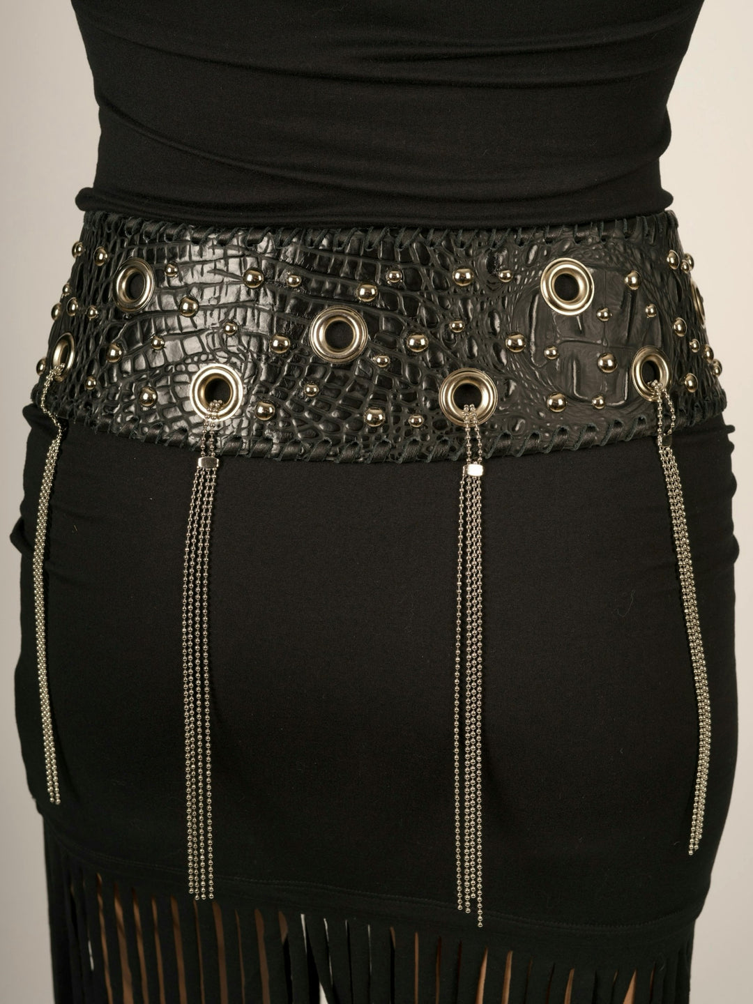 Kurtmen Black Leather Wide Contour Belt With Ball Chain Fringe