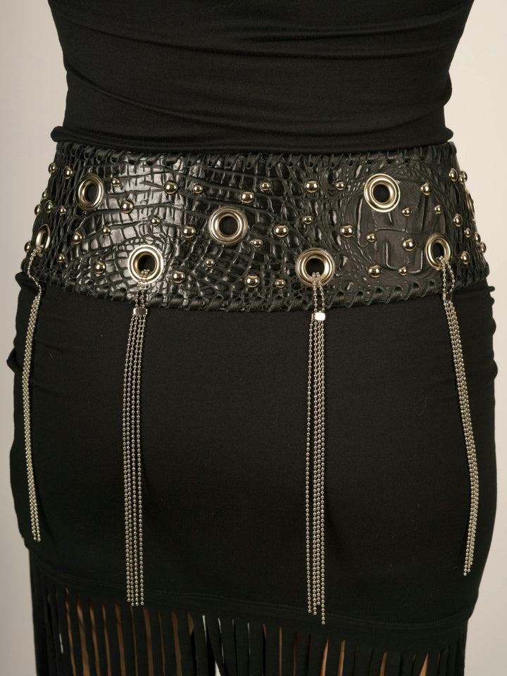 Kurtmen Black Leather Wide Contour Belt With Ball Chain Fringe