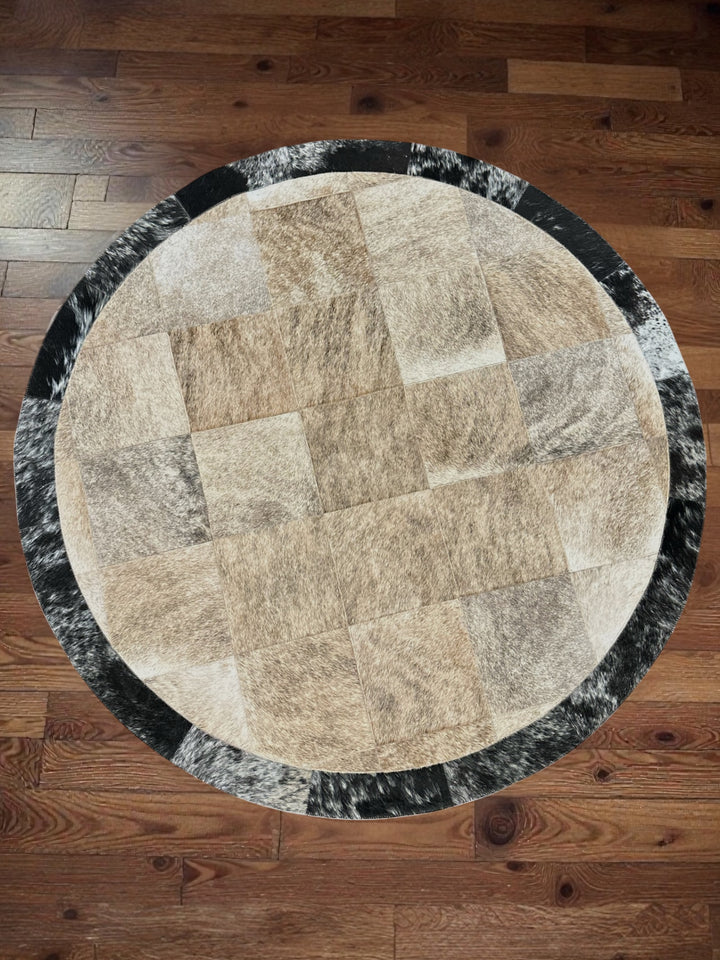 Premium Patchwork Brown/Black Round Cowhide Area Rug 4x4
