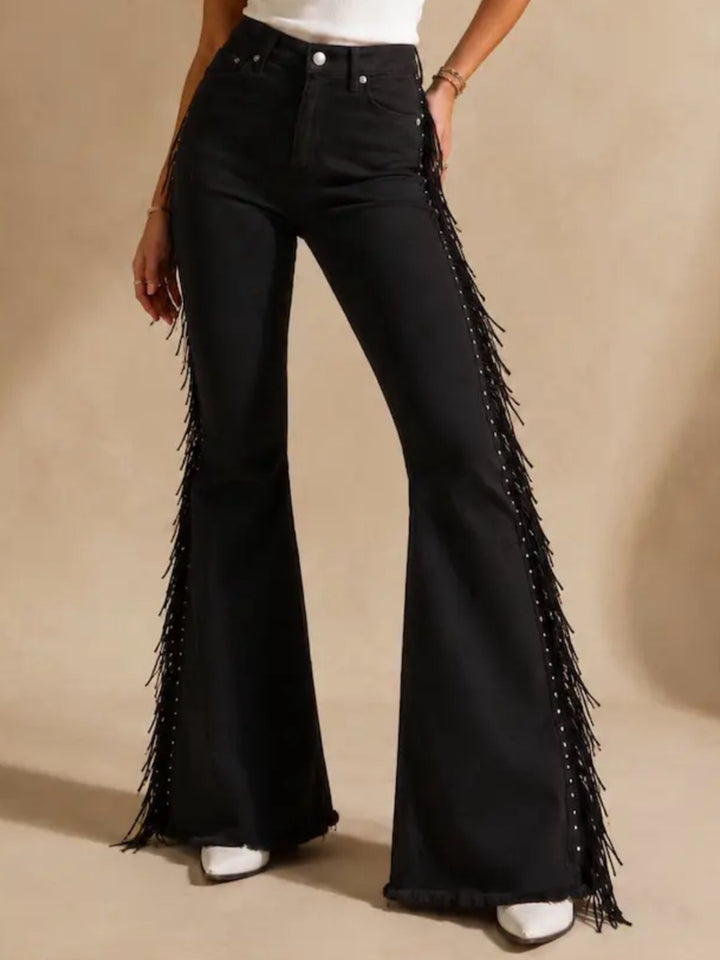 Black High-Waisted Fringe Bell Bottom Jeans