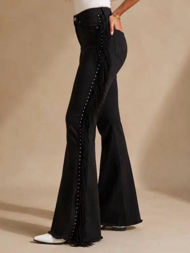 Black High-Waisted Fringe Bell Bottom Jeans