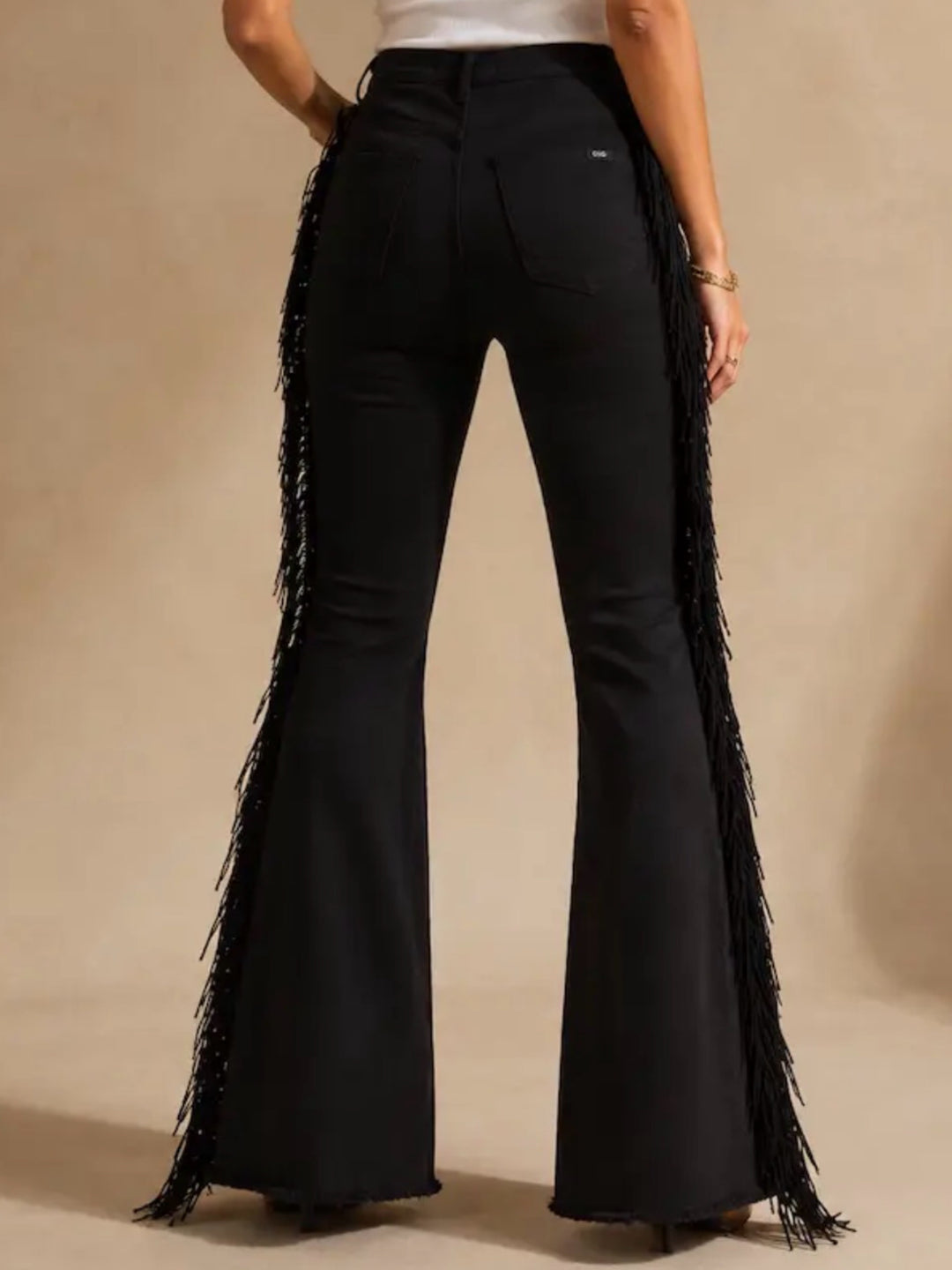 Black High-Waisted Fringe Bell Bottom Jeans