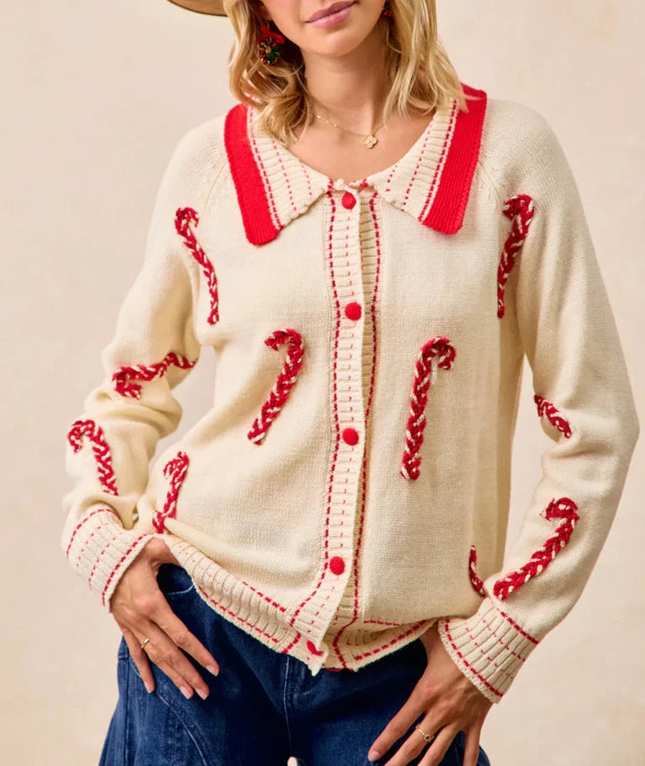 Collared Candy Cane Button Up Christmas Sweater